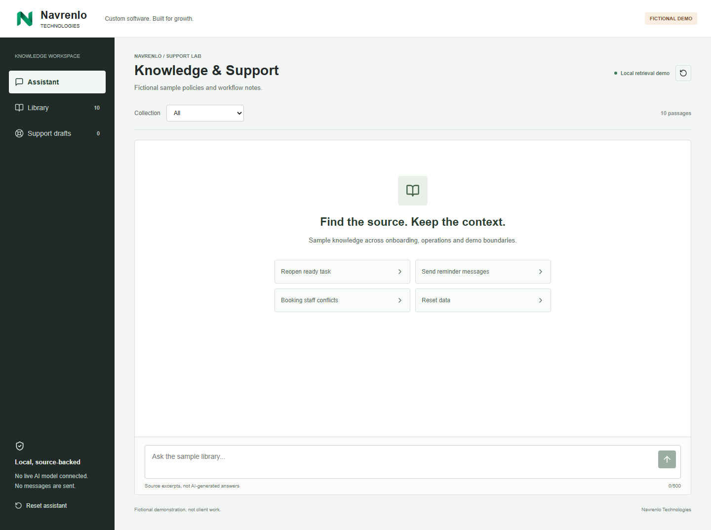 Knowledge workspace with a document collection selector, sample questions, and a support draft navigation